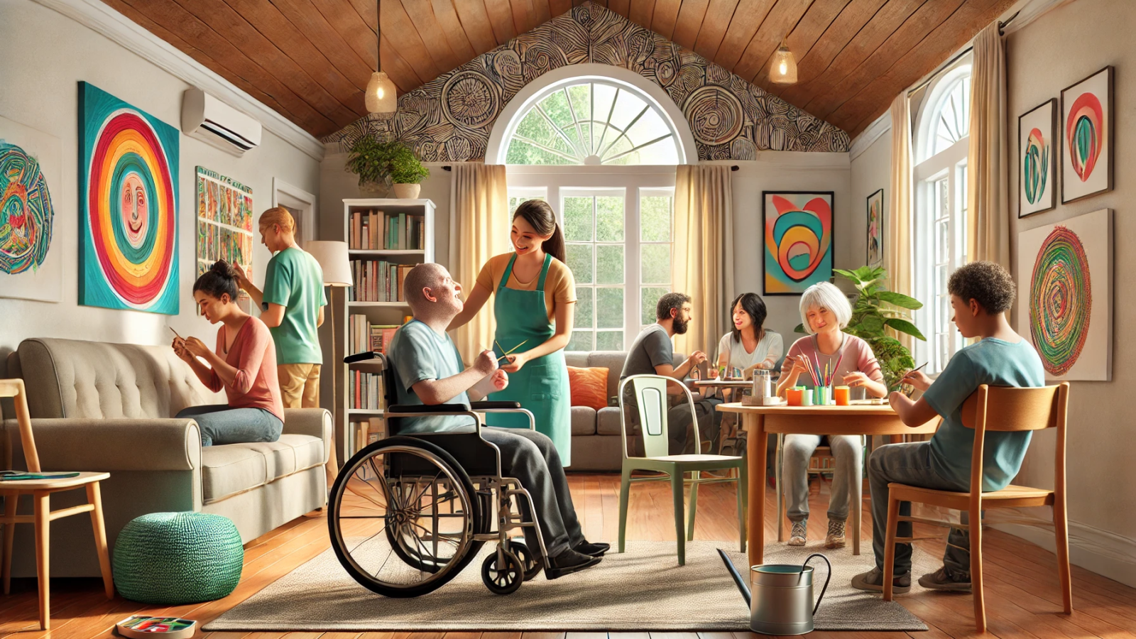 DALL·E 2024-11-25 13.11.26 - A compassionate and heartwarming digital illustration of a group home setting, featuring a person with a visible disability (e.g., in a wheelchair) in