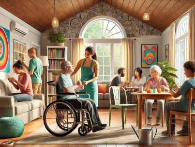 DALL·E 2024-11-25 13.11.26 - A compassionate and heartwarming digital illustration of a group home setting, featuring a person with a visible disability (e.g., in a wheelchair) in