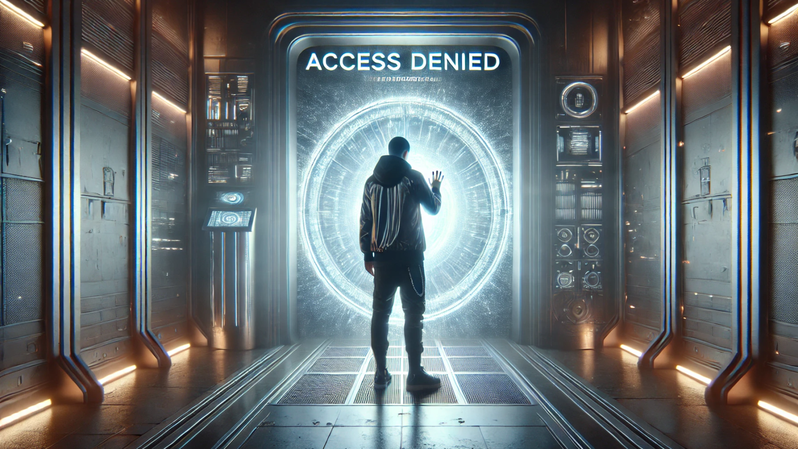 DALL·E 2024-12-06 10.11.44 - A realistic scene showing a person being denied access to a glowing doorway in a futuristic environment. The person stands in front of the door, their