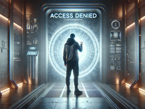 DALL·E 2024-12-06 10.11.44 - A realistic scene showing a person being denied access to a glowing doorway in a futuristic environment. The person stands in front of the door, their